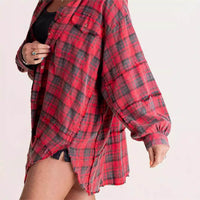 Tassel Long Sleeve Top Loose Casual Plaid Shirt Coat