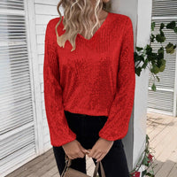 Loose-fitting, Long-sleeve V-neck Solid-color Sequin Top Long-sleeve T-shirt