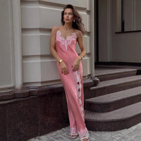 Womens Lace-trimmed Spaghetti-strap Patchwork Lace Dress