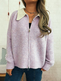 Cute Doll Collar Contrast Color Long Sleeves Zipper Casual Sweater