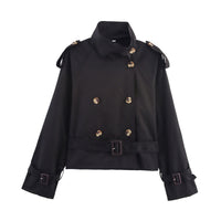 Notch-collar Short Trench Coat For Women With Belt Buckle Detailing