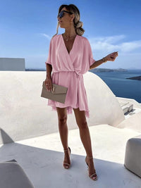 Multicolor Waist-Cinching V-Neck Elegant Womens Dress