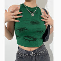 Fruit Green Eye Print Sleeveless Round Neck Vest