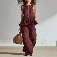 Summer Sleeveless Pleated Tank Top And Wide Leg Pants Set For Women