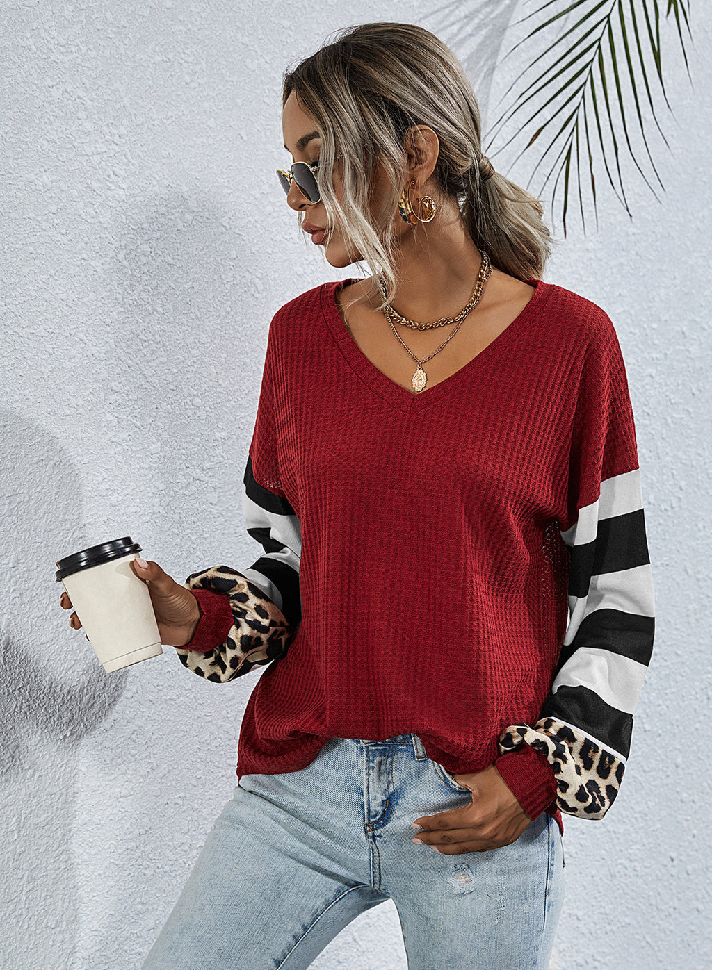 Striped stitching long-sleeved T-shirt women