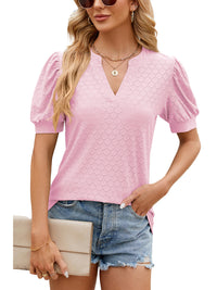 Womens Fashionable Loose Short-Sleeve Top With Bubble Sleeves And A V-Neck