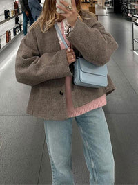 V-neck Long Sleeve Button Short Coat Fall Winter Fashion Women Commute Leisure