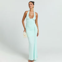 Womens Sexy Waist-Cinching Backless Halter Dress