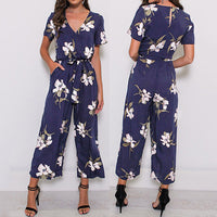 V-neck belted short sleeve jumpsuit