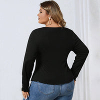 Women's V-neck Waist-casual Knit Solid Long-sleeved Top