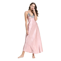 Faux silk lace sexy V-neck long suspender nightdress