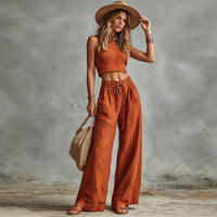 Vest Drawstring High-Waist Wide-Leg Pants Two-Piece Set