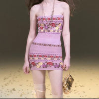 Contrast-color Rose Fair Isle Knit Cardigan Figure-hugging Floral Tube Dress