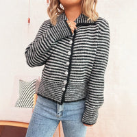 Commute Slim-fit Knitted Coat Polo Collar Stripes Contrast Color Single-breasted Sweater