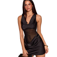 Solid-color Sexy Woven Spliced Mesh Sleeveless Slim-fit Short Dress