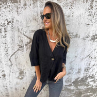 Casual Women's V-neck Cotton And Linen Solid Color ShirtT-shirt