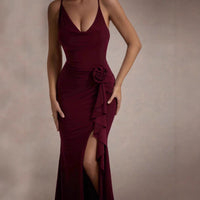 Sexy Asymmetrical Halterneck Three-Dimensional Floral Slim-Fit Split Evening Gown