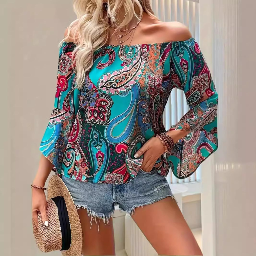 Printed Off-the-shoulder Women's Shirt Elegant Ruffle Sleeve Printed Blouse Sexy