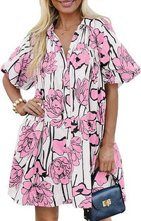 New Style Floral-print Loose-fitting Beach Dressshirt Dress