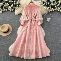 French Romantic Style Stand Collar Lantern Sleeve Heavy Embroidery Dress