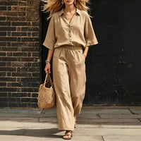Womens Short-Sleeve Shirt And Loose Pants Two-Piece Set