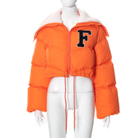 Letter Fur Collar Zipper Drawstring Women's Casual Cotton-padded Jacket Top