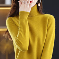 Pure Wool Sweater Women's Turtleneck Pullover Solid Color Loose Short