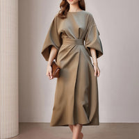 Fashionable Casual Everyday Commuter Solid-color Crew-neck Lace-up Dress