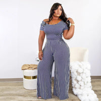 Womens Striped Printed Wide-Neck Short-Sleeve Fashionable Loose Casual Set
