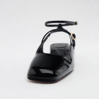 Women's Patent Leather Block Heel Open Back Square Toe Flat Sandals