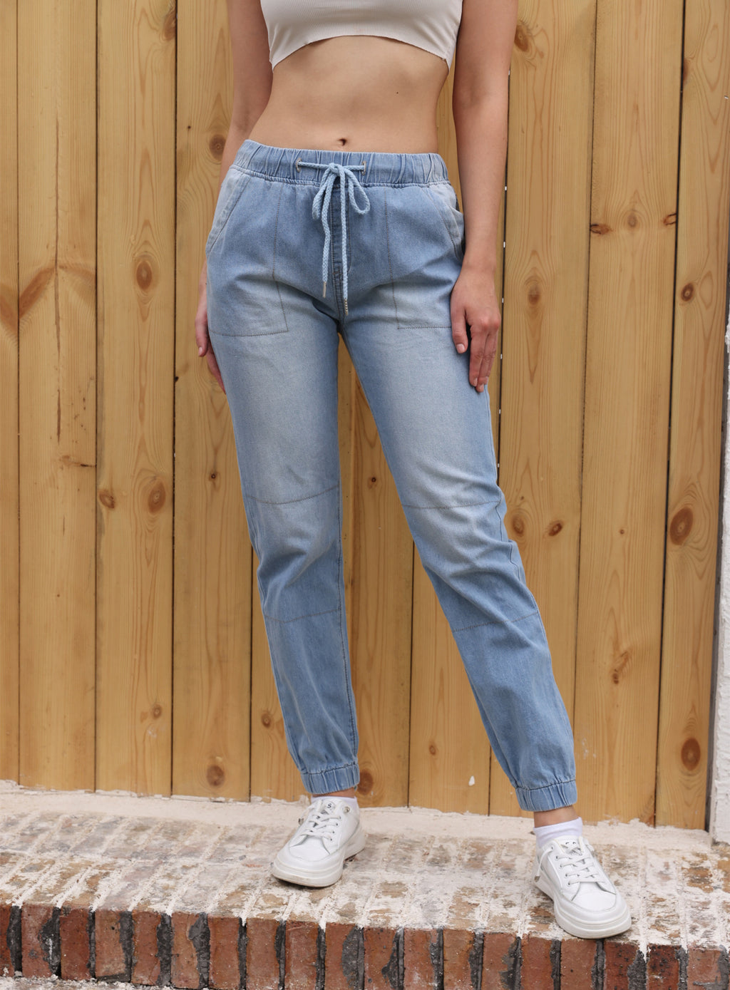 Casual Jeans Light Blue Elastic Waist String Trousers