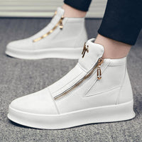 Wedding Photography White Leather Boots Personality Metal Men's Shoes Double Zipper Fashion Brand Sports Casual Borad Shoes