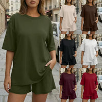 Round-neck Casual Loose-fitting Short-sleeve Shorts Womens Set