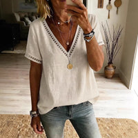 Women's Casual Patchwork Hollow-Out Lace V-Neck Short-Sleeve Top
