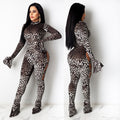 Sexy Leopard Print Long Sleeve Hollow Jumpsuit