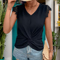 Womens Top Knotted Short-Sleeve T-Shirt V-Neck Lace Paneling