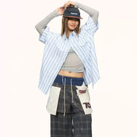 Blue Striped Short-sleeved Shirt Women's Loose Casual