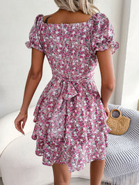 Women  Elegant Floral Print Tie Waist Flowy Dress