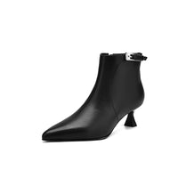 Womens Stylish Leather Pointed-Toe High-Heel Ankle Boots With Buckle Strap And Side Zipper