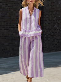 Zip-up Stand-up Collar Shirt And Sleeveless Striped Trousers Two-piece Set