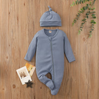Boys And Girls Long Sleeve Solid Color Waffle Zipper Jumpsuit Foot-wrapped Romper
