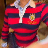 Retro Contrasting Color Embroidered Design Lapel Hoodie Top