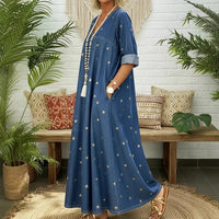 V-neck Loose-fit Printed Star Denim Dress For Women