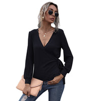 Long-sleeve Solid Color Slim-fit Commuter Black Pullover V-neck Base Layer T-shirt For Women