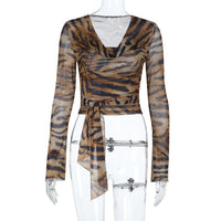 Sexy Deep V-neck Leopard Print Printed Long-sleeved Top