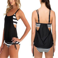 Gather Black And White Striped Split Bikini Ladies Swimsuit