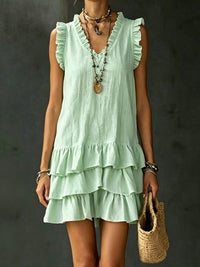 Women's Casual V-Neck Ruffle-Trim Sleeveless Dress