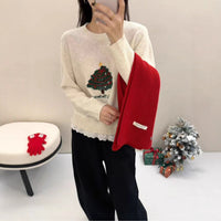 Womens Christmas Tree-Print Thermal Lace-Patchwork Sweater Preppy-Style Pullover Sweater