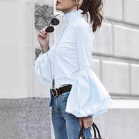 Stand Collar Puffy Sleeve Tup Cardigan Long Sleeve Lapel Shirt