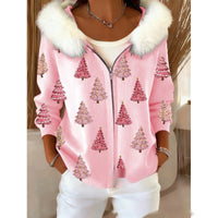 Stylish 3D Digital-Print Womens Cardigan With Faux Fur Hoodie